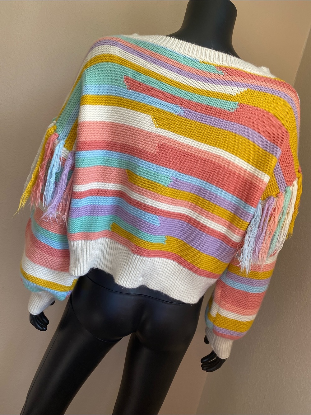 Kawaii Candyland Pastel Stripe Fringe Tassel Knit Sweater - Picture 7 of 9